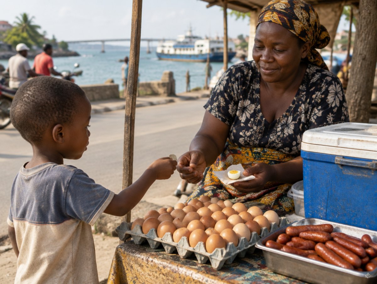 Illustration of a woman selling a small piece of boiled egg to a child at a roadside stand